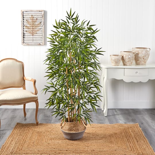 64" Bamboo Artificial Tree Natural Bamboo Trunks in Boho Chic Handmade Cotton & Jute Gray Woven Planter